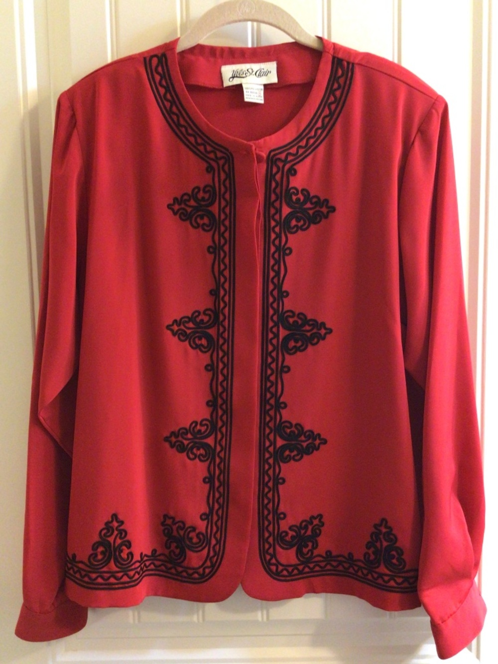 Vintage Yves St. Clair Red Blouse Jacket, Black Soutache-style Embroidery Sz 16